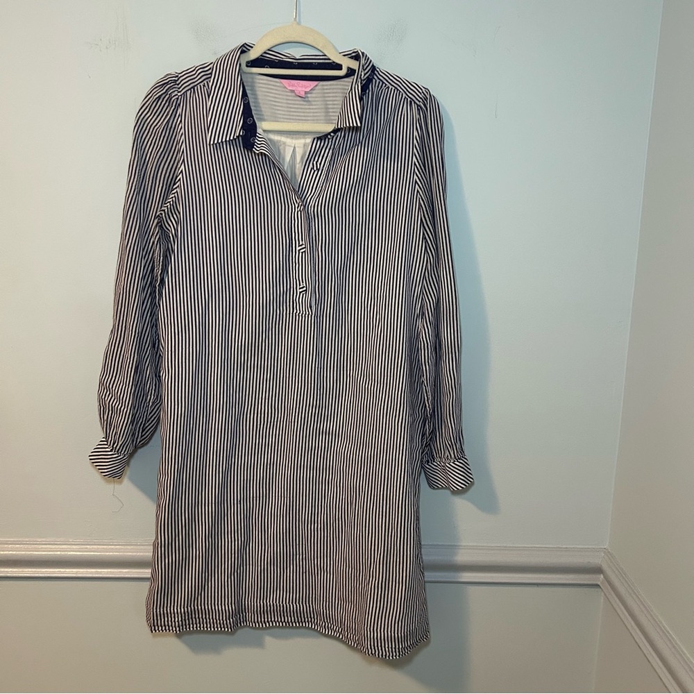 Lilly Pulitzer Blue & White Stripe Long Sleeve Day Shirt Dress Size 8